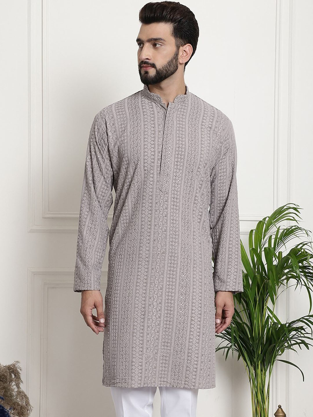 Armaan Ethnic Motifs Embroidered Sequinned Straight Pure Cotton Kurta, Grey
Armaan Ethnic Motifs Embroidered Sequinned Straight Pure Cotton Kurta, Grey