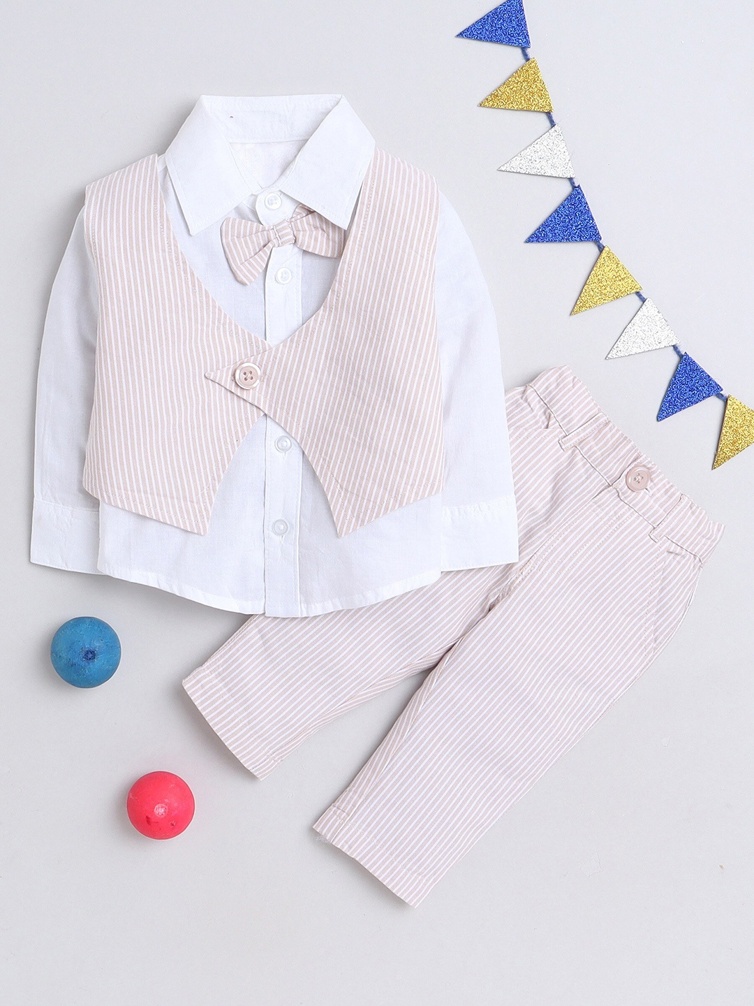 MANET Boys Striped Shirt Collar Pure Cotton Shirt & Trousers With Waistcoat, Peach
MANET Boys Striped Shirt Collar Pure Cotton Shirt & Trousers With Waistcoat, Peach
