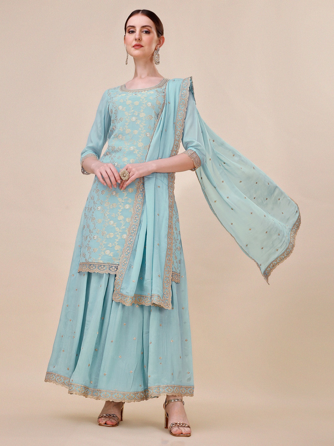 Seerat Ethnic Motifs Woven Design Jacquard Straight Kurta With Chinon Sharara And Dupatta, Turquoise blue
Seerat Ethnic Motifs Woven Design Jacquard Straight Kurta With Chinon Sharara And Dupatta, Turquoise blue