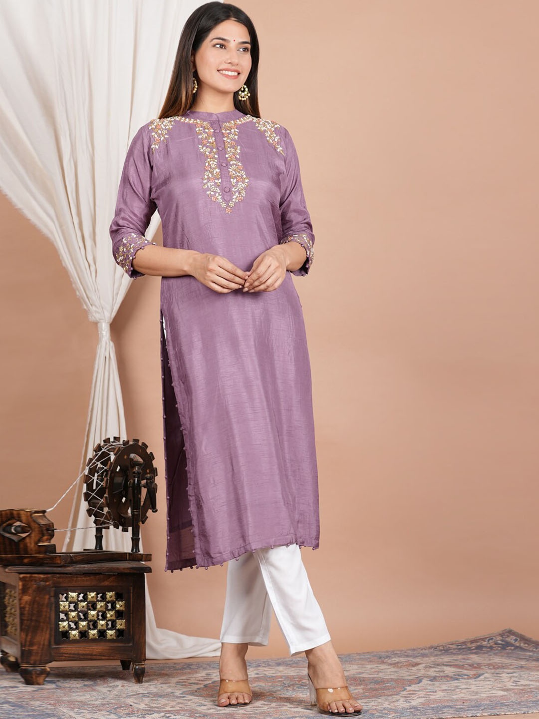 YASH GALLERY Floral Embroidered Mandarin Collar Thread Work Chanderi Cotton Straight Kurta, Purple
YASH GALLERY Floral Embroidered Mandarin Collar Thread Work Chanderi Cotton Straight Kurta, Purple