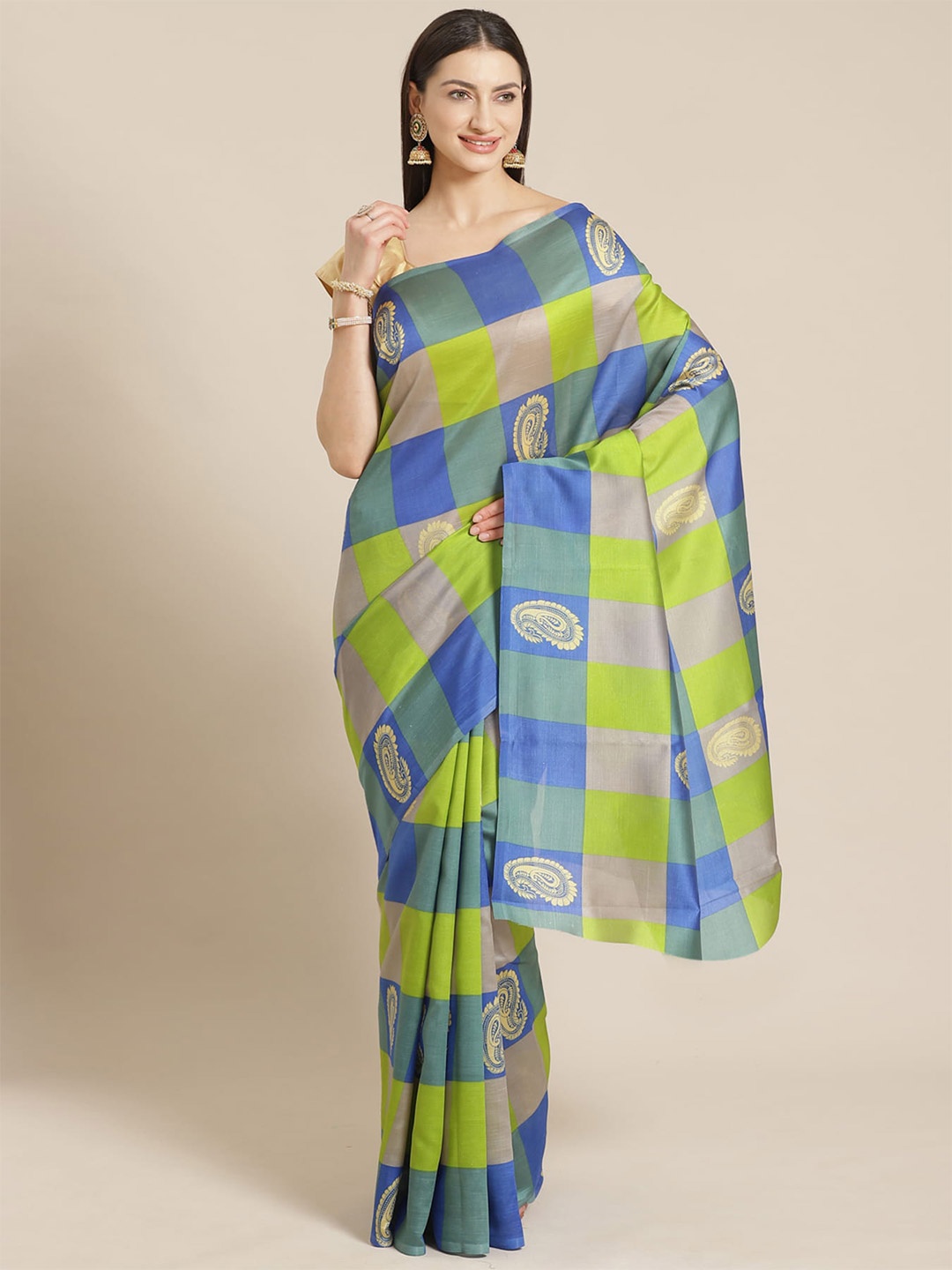 KALINI Paisley Printed Art Silk Saree, Green