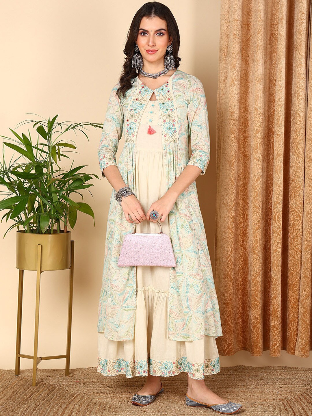 AHIKA Floral Embroidered Shoulder Straps Gathered Cotton Maxi Ethnic Dress With Shrug, Beige
AHIKA Floral Embroidered Shoulder Straps Gathered Cotton Maxi Ethnic Dress With Shrug, Beige