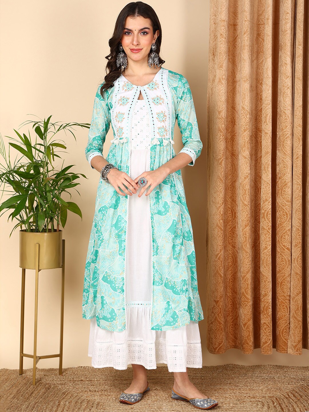 AHIKA Self Design Shoulder Straps Gathered Cotton Maxi Ethnic Dress With Shrug, White
AHIKA Self Design Shoulder Straps Gathered Cotton Maxi Ethnic Dress With Shrug, White