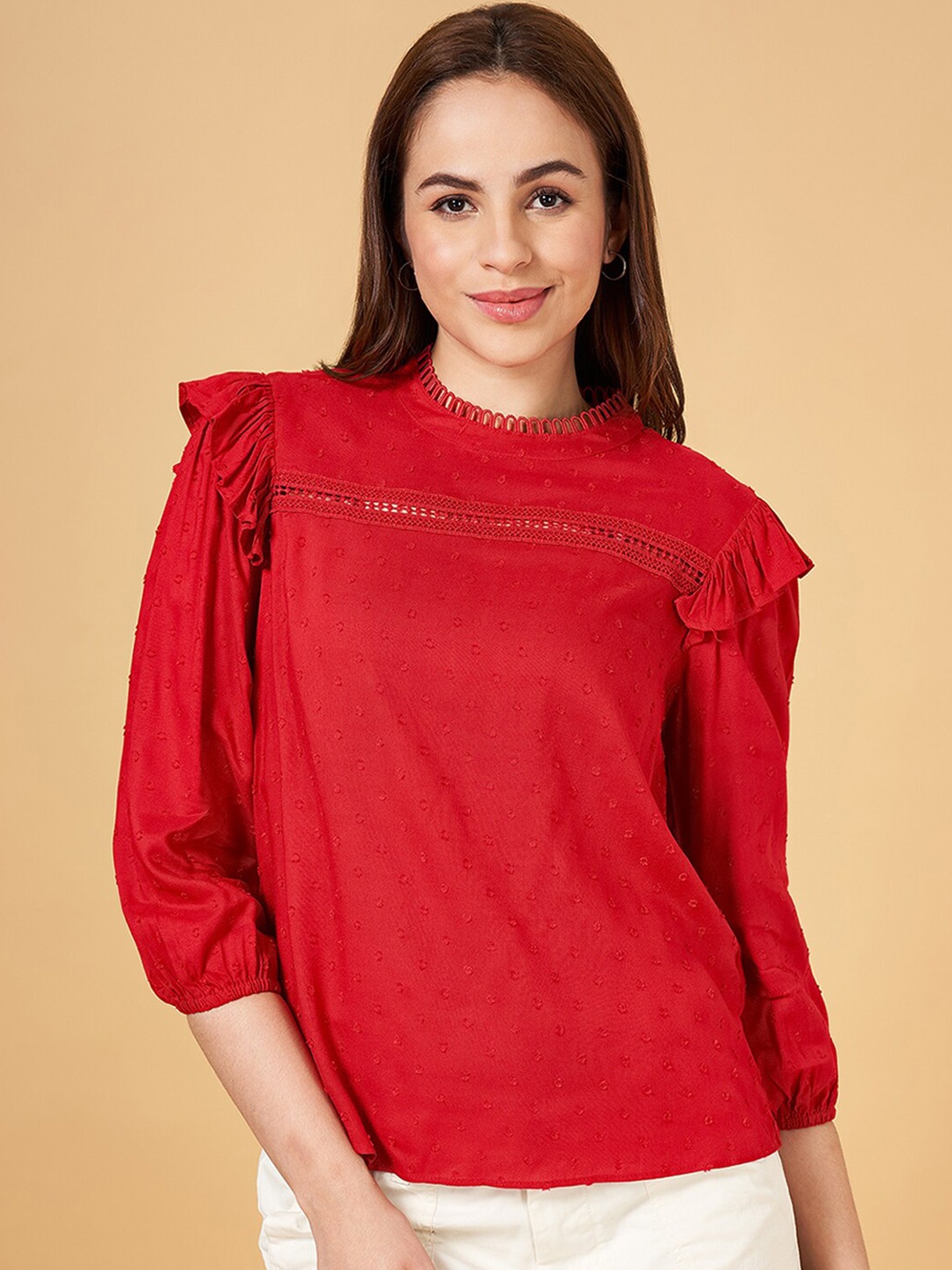 Honey by Pantaloons Self Design Round Neck Cuffed Sleeves Lace Inserts Regular Top, Red
Honey by Pantaloons Self Design Round Neck Cuffed Sleeves Lace Inserts Regular Top, Red