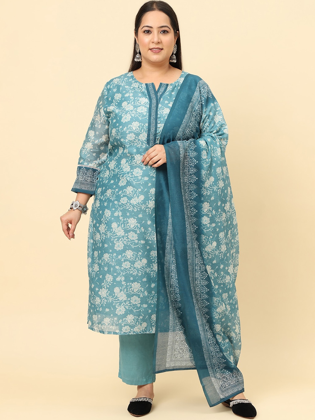 Sringam Plus Size Floral Printed Regular Chanderi Cotton Kurta & Trousers With Dupatta, Blue
Sringam Plus Size Floral Printed Regular Chanderi Cotton Kurta & Trousers With Dupatta, Blue