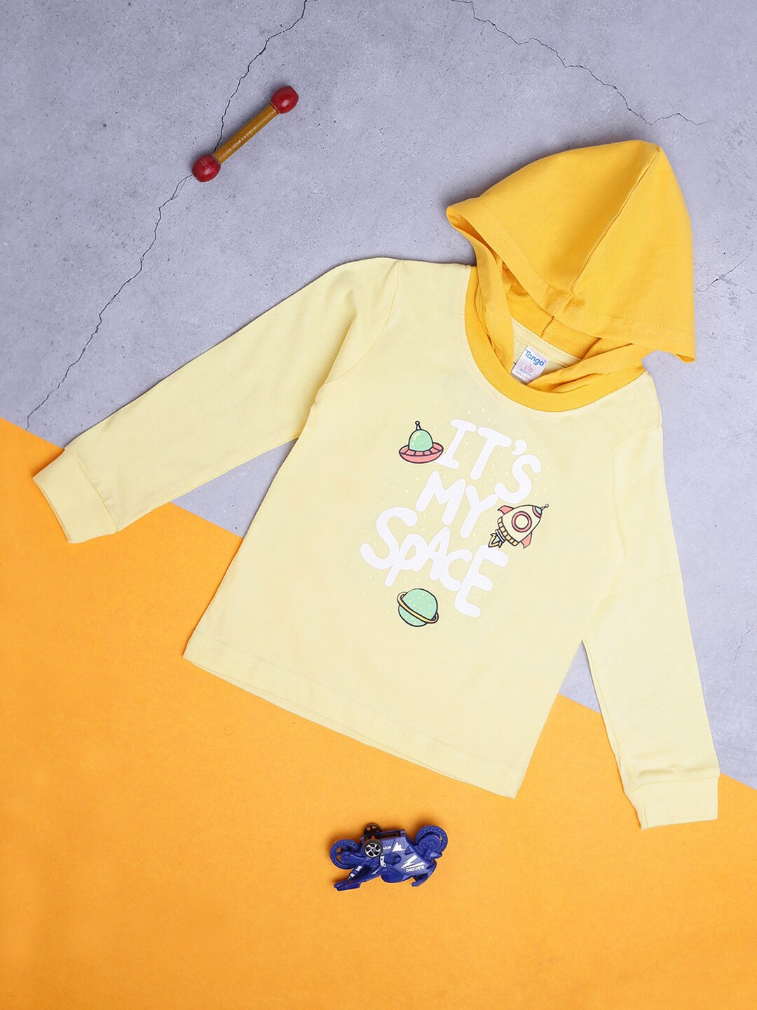 V-Mart Kids Typography Printed Hooded Cotton T-shirt, Yellow