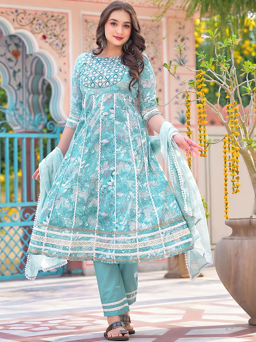Sangria Turquoise Blue Floral Printed Mirror Work Pure Cotton Kurta With Trouser & Dupatta
Sangria Turquoise Blue Floral Printed Mirror Work Pure Cotton Kurta With Trouser & Dupatta