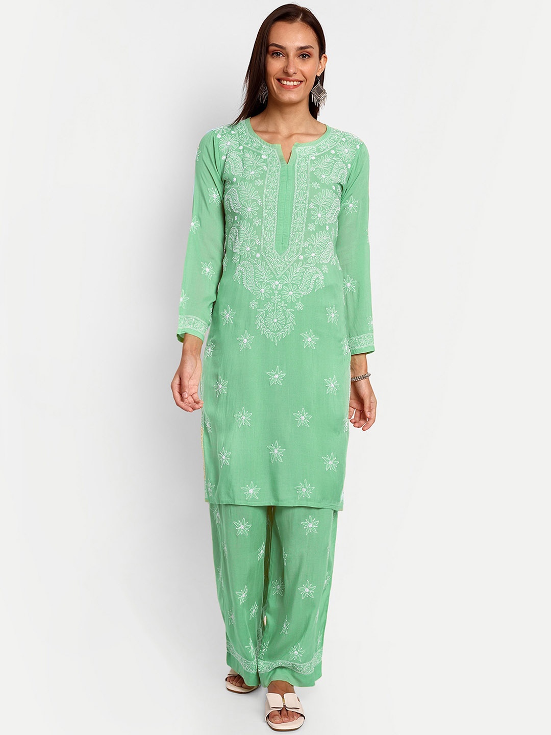 ADA Floral Embroidered Long Sleeves Regular Lucknowi Chikankari Kurta With Palazzos, Sea green
ADA Floral Embroidered Long Sleeves Regular Lucknowi Chikankari Kurta With Palazzos, Sea green