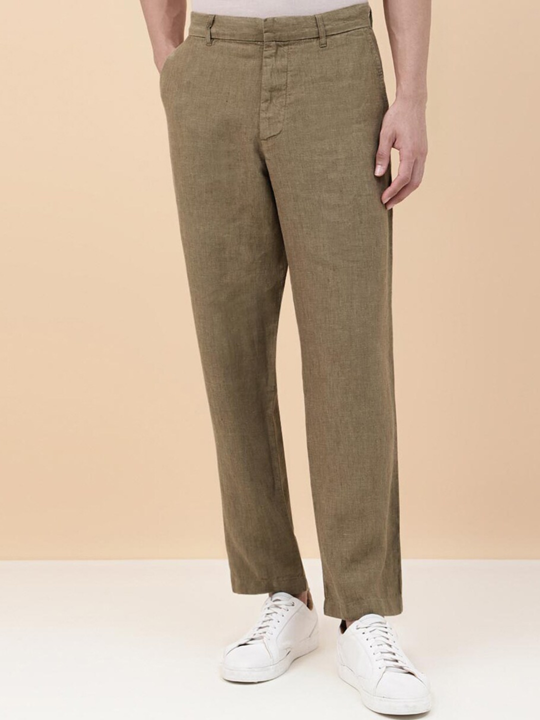 Fabindia Men Straight Fit Linen Trousers, Green
