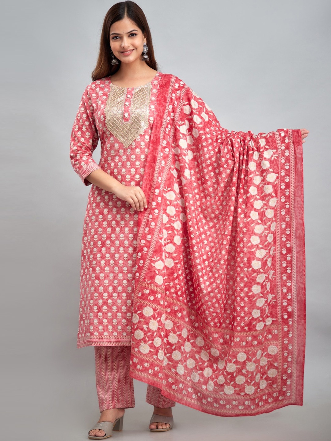 Women Touch Floral Printed Thread Work Pure Cotton Kurta With Trousers & Dupatta, Pink
Women Touch Floral Printed Thread Work Pure Cotton Kurta With Trousers & Dupatta, Pink