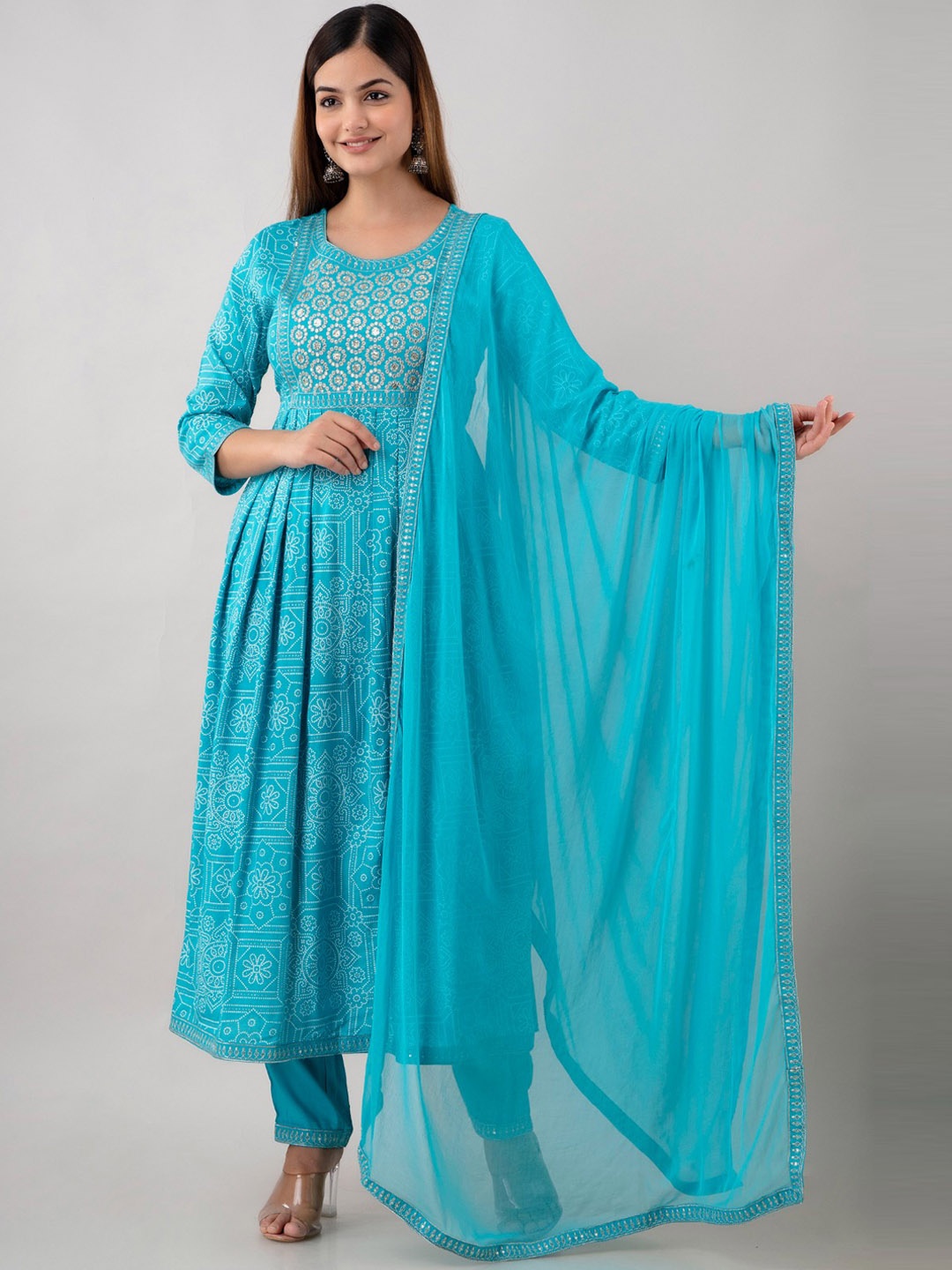 Women Touch Floral Printed Empire Thread Work Kurta with Trousers & With Dupatta, Turquoise blue
Women Touch Floral Printed Empire Thread Work Kurta with Trousers & With Dupatta, Turquoise blue