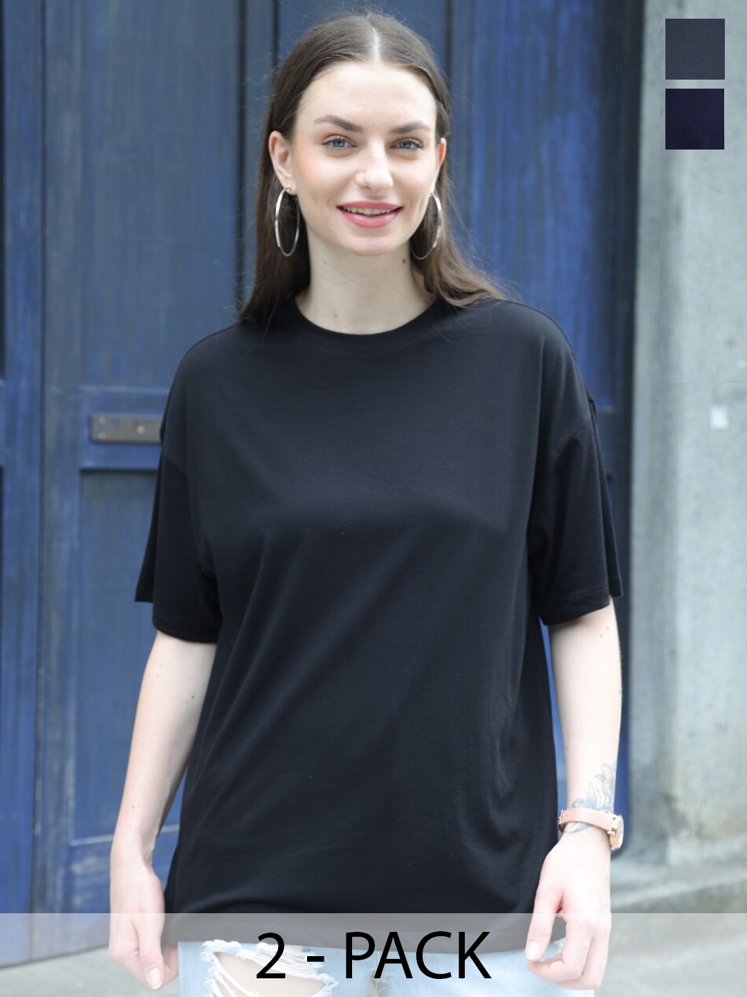 TITTLI Pack Of 2 Drop-Shoulder Sleeves Pure Cotton Longline Oversized T-shirt, Black
TITTLI Pack Of 2 Drop-Shoulder Sleeves Pure Cotton Longline Oversized T-shirt, Black