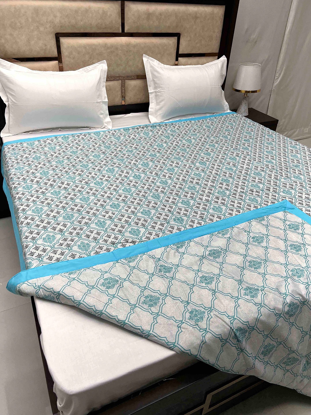 Pure Decor Silken Blue & White Print AC Room 300 GSM King Size Reversible Double Bed Dohar
Pure Decor Silken Blue & White Print AC Room 300 GSM King Size Reversible Double Bed Dohar
