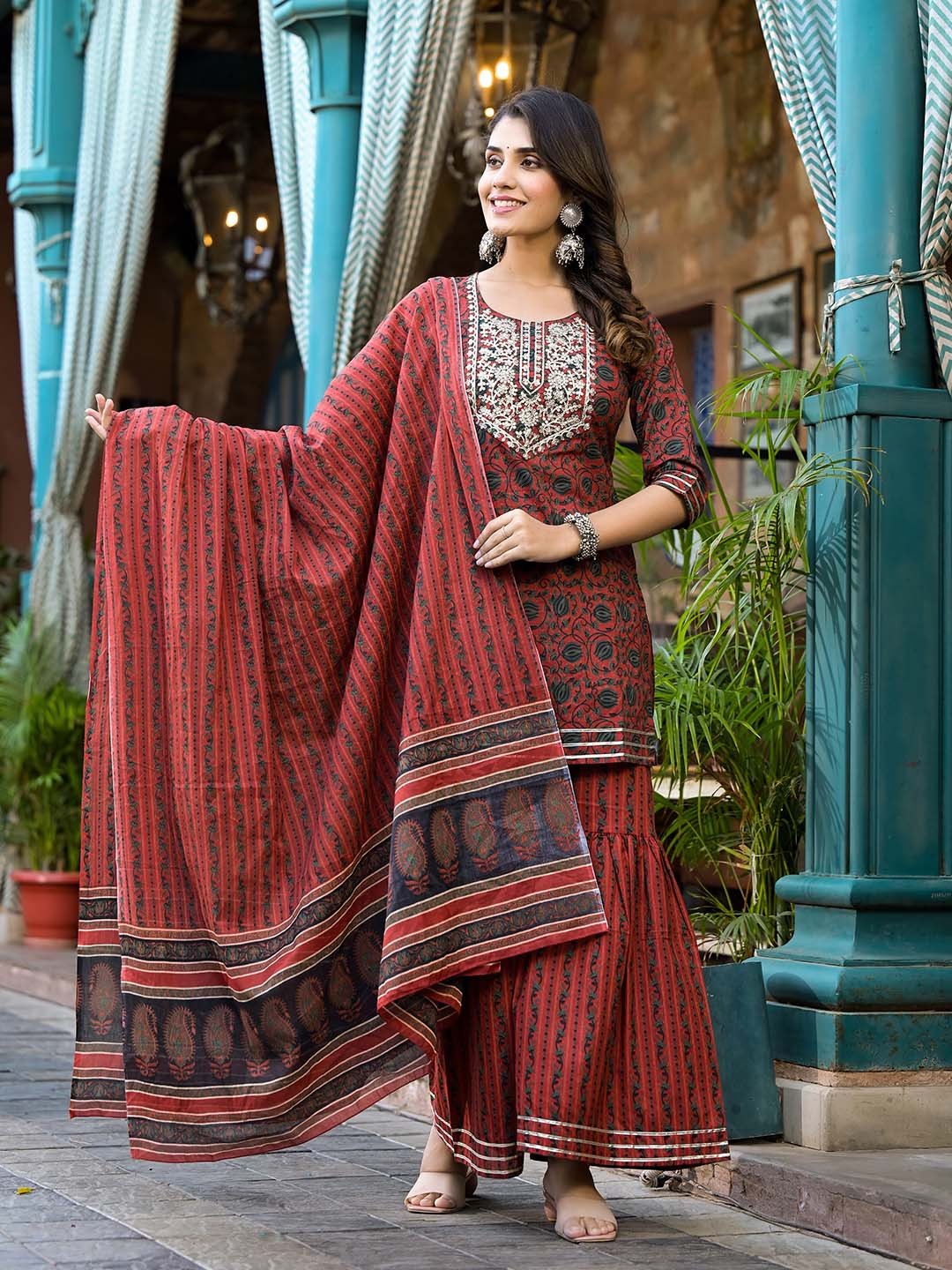 Yufta Ethnic Motifs Printed Thread Work Pure Cotton Kurta With Sharara & Dupatta, Rust
Yufta Ethnic Motifs Printed Thread Work Pure Cotton Kurta With Sharara & Dupatta, Rust
