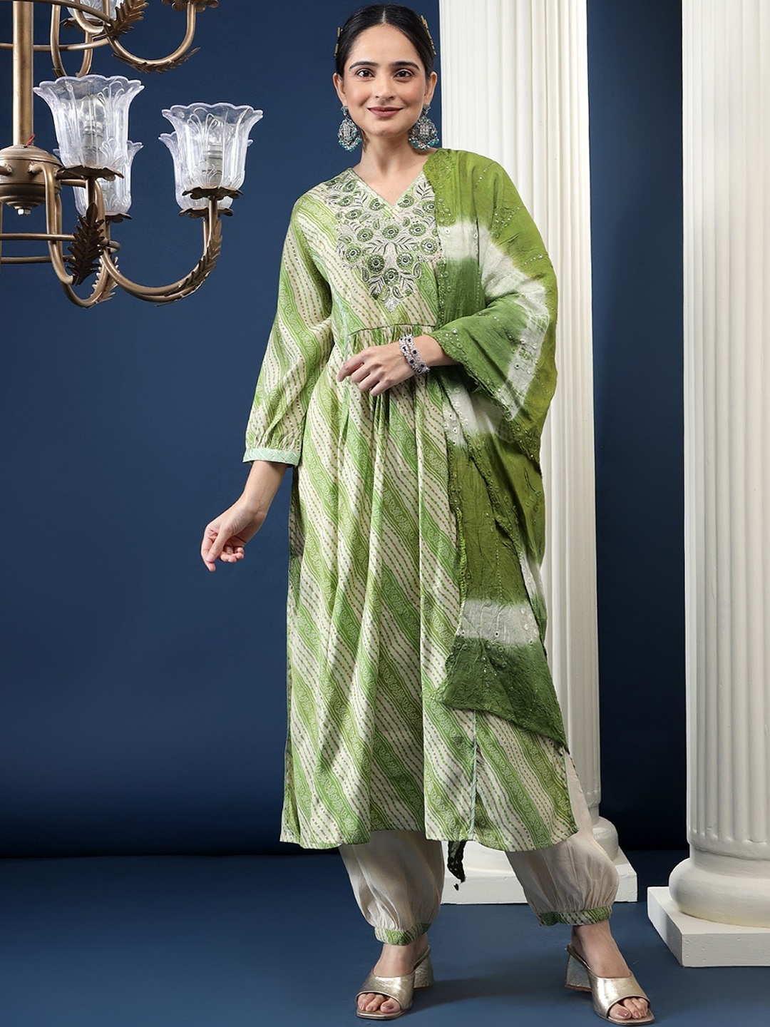 Bani Women Leheriya Printed Thread Work Pure Cotton Straight Kurta & Salwar With Dupatta, Green
Bani Women Leheriya Printed Thread Work Pure Cotton Straight Kurta & Salwar With Dupatta, Green