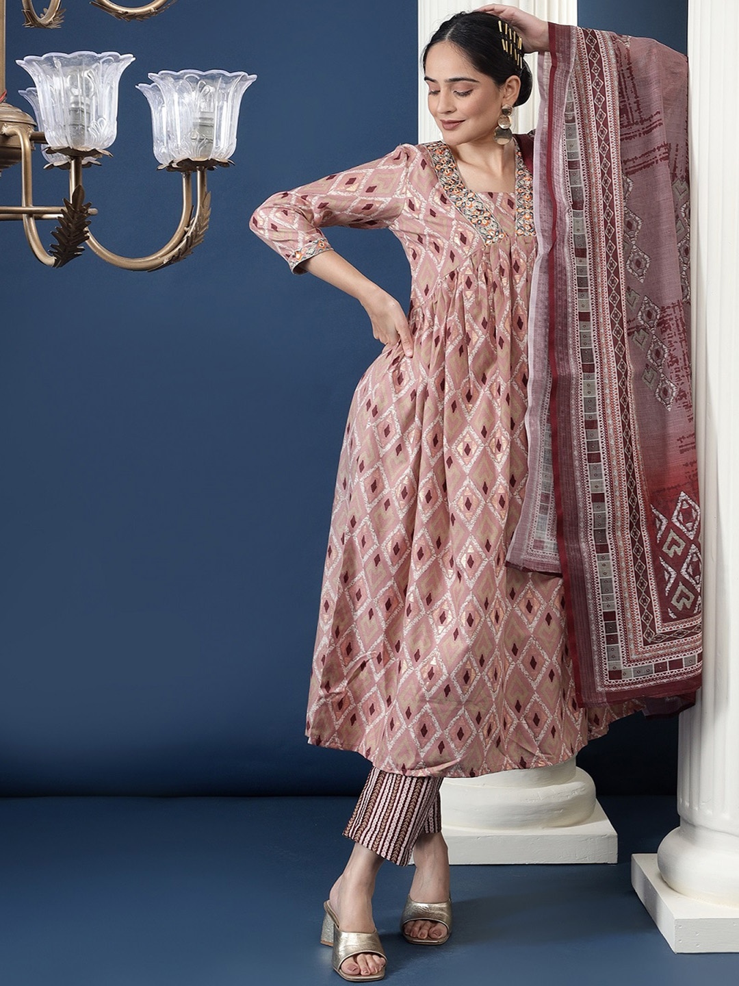 Bani Women Geometric Printed Thread Work Empire A-Line Kurta with Trouser & Dupatta, Pink
Bani Women Geometric Printed Thread Work Empire A-Line Kurta with Trouser & Dupatta, Pink