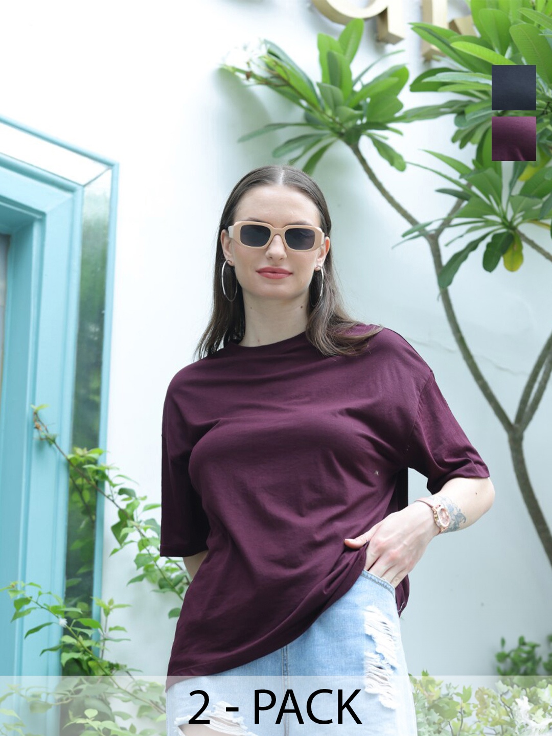 TITTLI Pack Of 2 Round Neck Drop-Shoulder Sleeves Pure Cotton Oversized T-shirt, Black
TITTLI Pack Of 2 Round Neck Drop-Shoulder Sleeves Pure Cotton Oversized T-shirt, Black