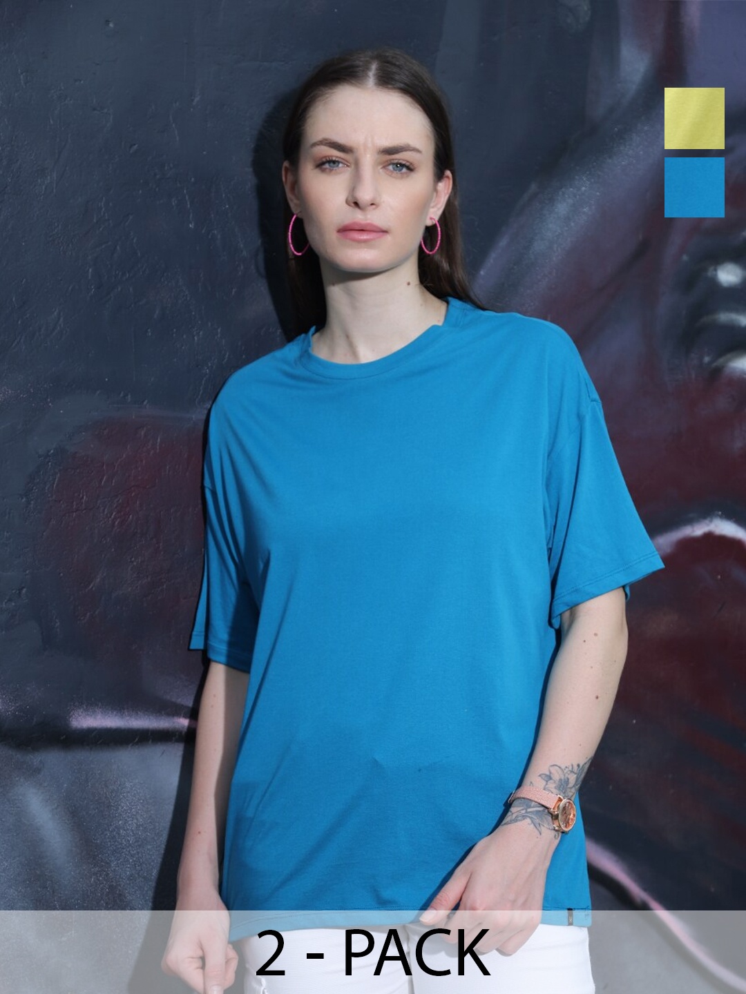 TITTLI Pack Of 2 Round Neck Drop-Shoulder Sleeves Pure Cotton Oversized T-shirt, Blue
TITTLI Pack Of 2 Round Neck Drop-Shoulder Sleeves Pure Cotton Oversized T-shirt, Blue