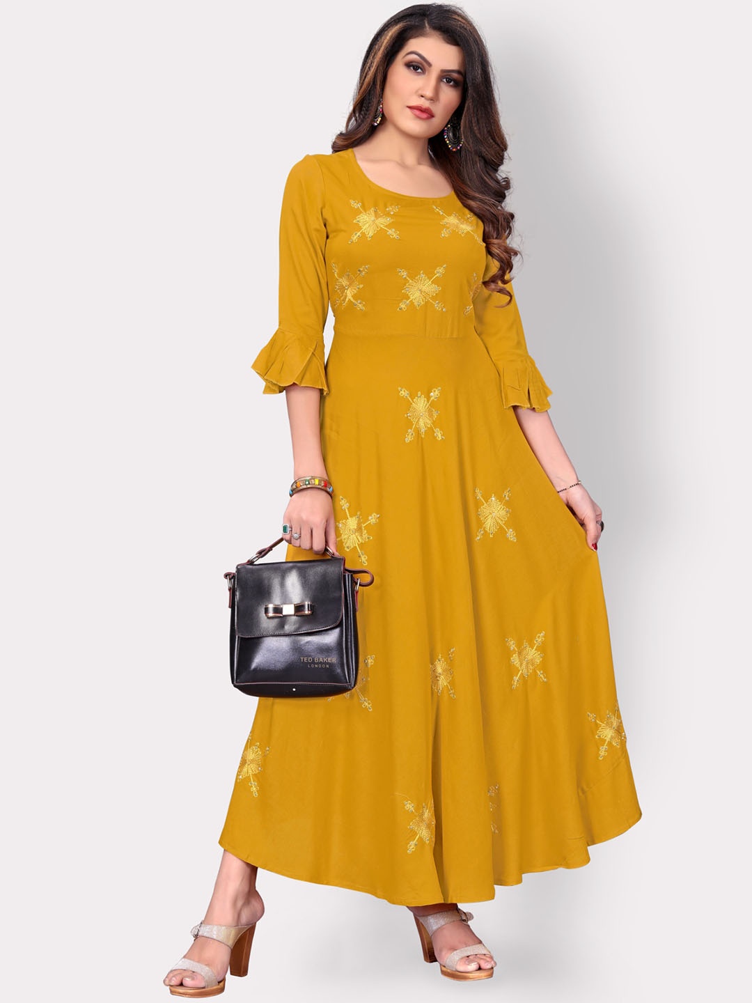 KALINI Ethnic Motifs Embroidered Maxi Ethnic Dress, Yellow