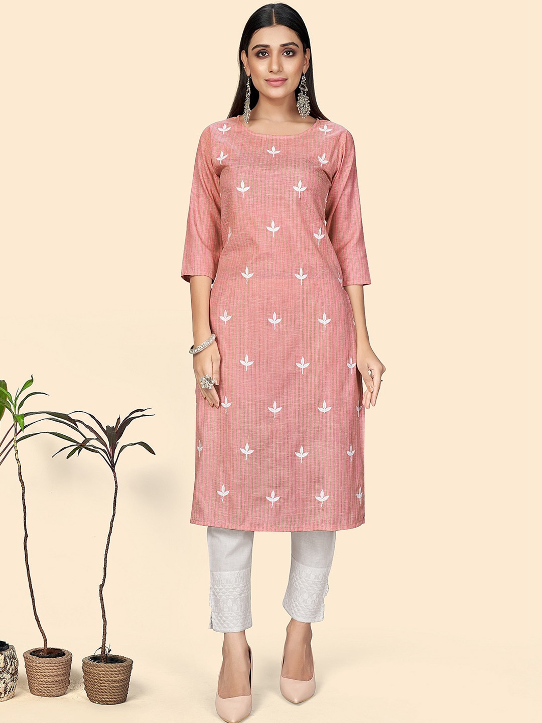 KALINI Ethnic Motifs Embroidered Round Neck Cotton Straight Kurta, Pink