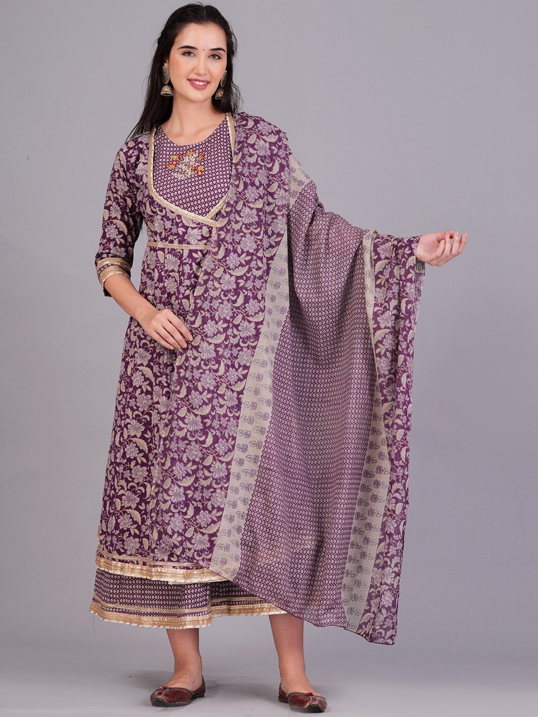 KUROCK Floral Printed Layered A- Line Cotton Ethnic Dress With Shrug & Dupatta, Purple
KUROCK Floral Printed Layered A- Line Cotton Ethnic Dress With Shrug & Dupatta, Purple