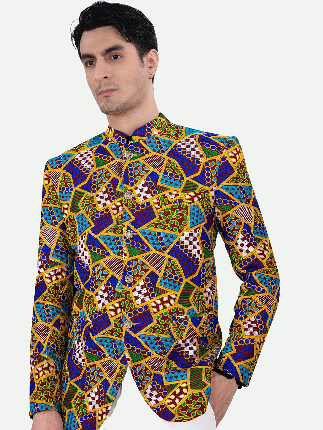 FRENCH CROWN Embroidered Mandarin Collar Long Sleeves Cotton Bandhgala Blazer, Blue
FRENCH CROWN Embroidered Mandarin Collar Long Sleeves Cotton Bandhgala Blazer, Blue