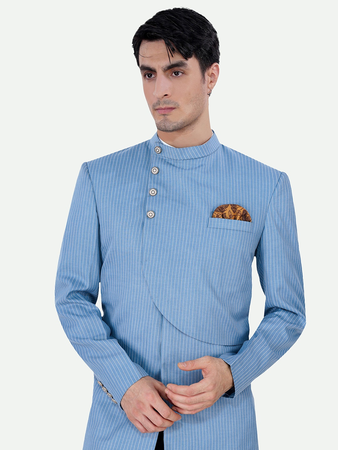 FRENCH CROWN Striped Mandarin Collar Long Sleeves Woollen Bandhgala Blazer, Blue
FRENCH CROWN Striped Mandarin Collar Long Sleeves Woollen Bandhgala Blazer, Blue