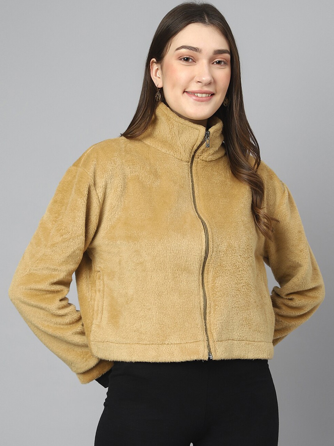 COLOR CAPITAL Mock Neck Front Open Sweatshirts, Camel brown