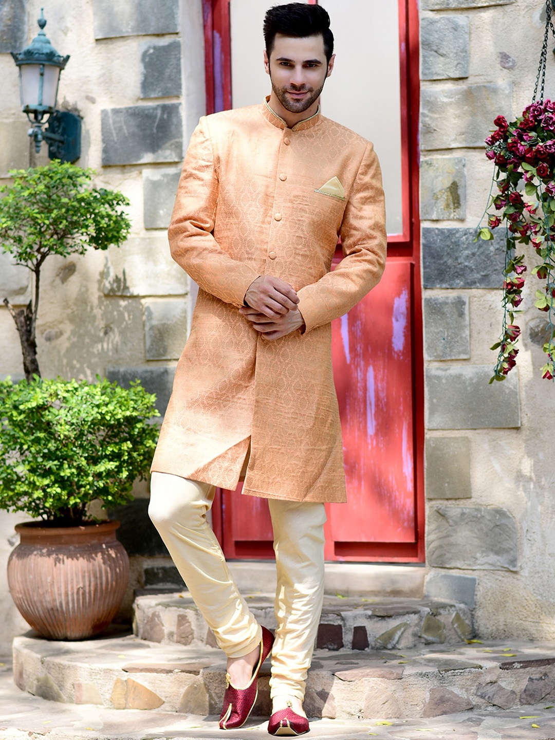 HOUSE OF DEYANN Self-Design Sherwani Set, Orange