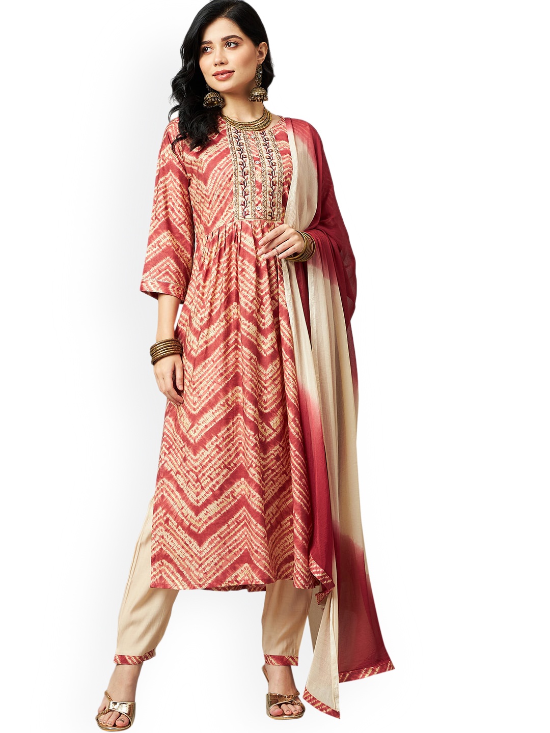 Nimayaa Chevron Printed Kurta & Trousers With Dupatta, Red