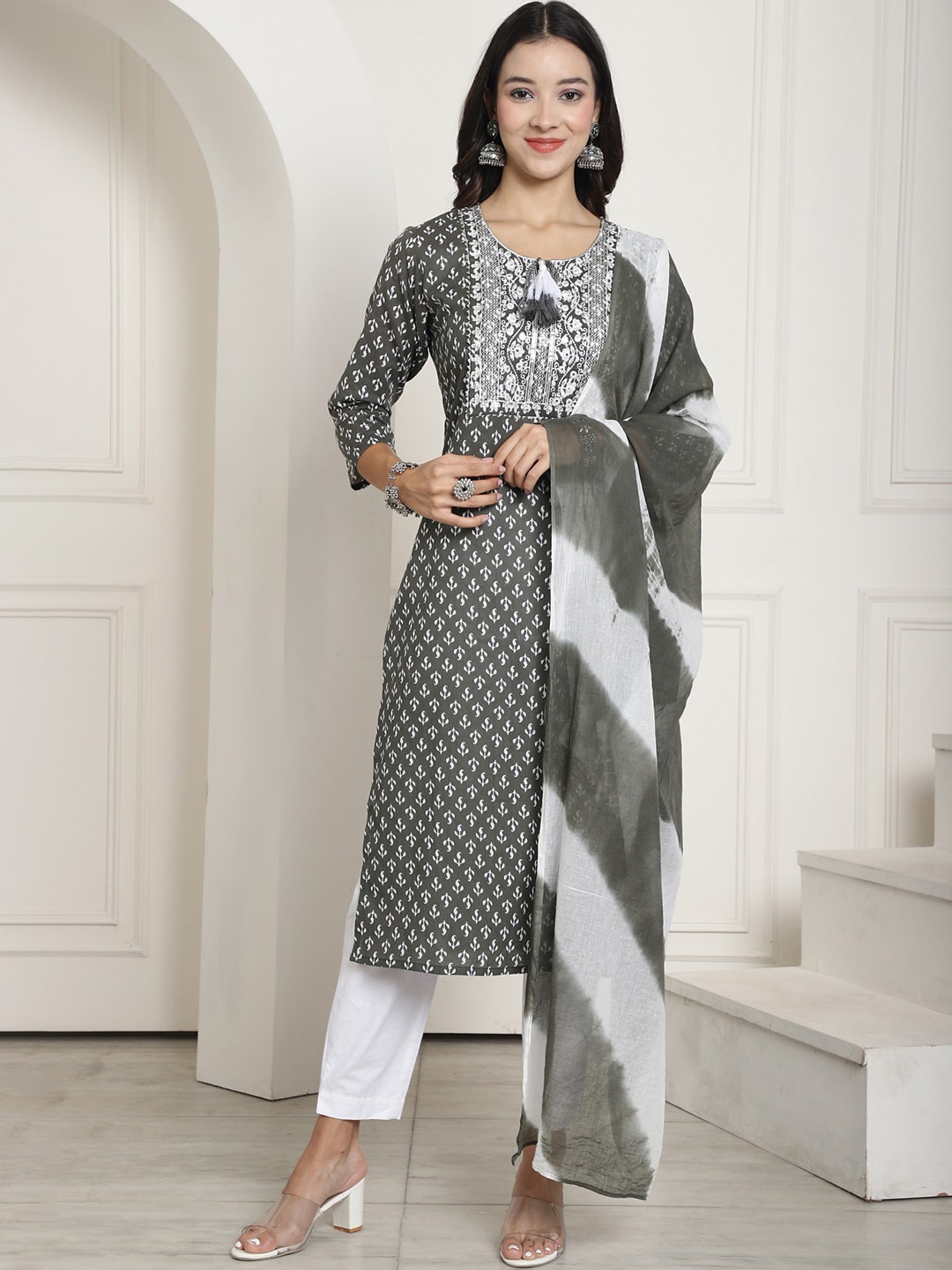 KALINI Ethnic Motifs Printed Regular Pure Cotton Kurta With Trousers & Dupatta, Grey
KALINI Ethnic Motifs Printed Regular Pure Cotton Kurta With Trousers & Dupatta, Grey