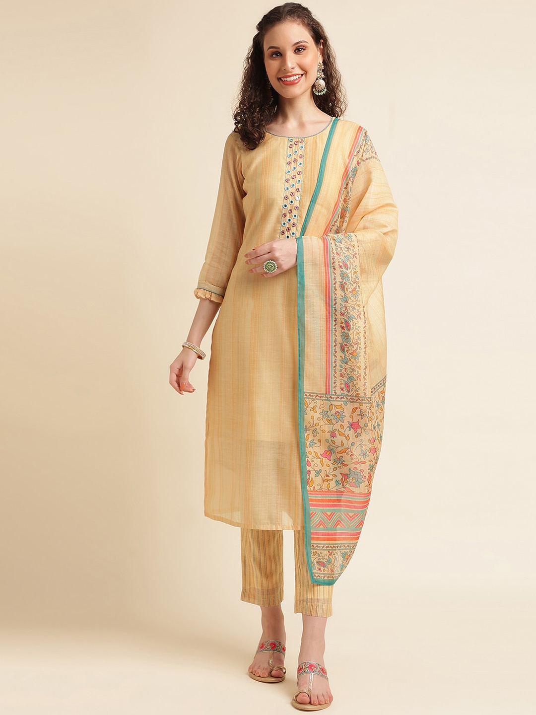 NAINVISH Striped Regular Mirror Work Cotton Silk Kurta With Trousers & Dupatta, Yellow
NAINVISH Striped Regular Mirror Work Cotton Silk Kurta With Trousers & Dupatta, Yellow
