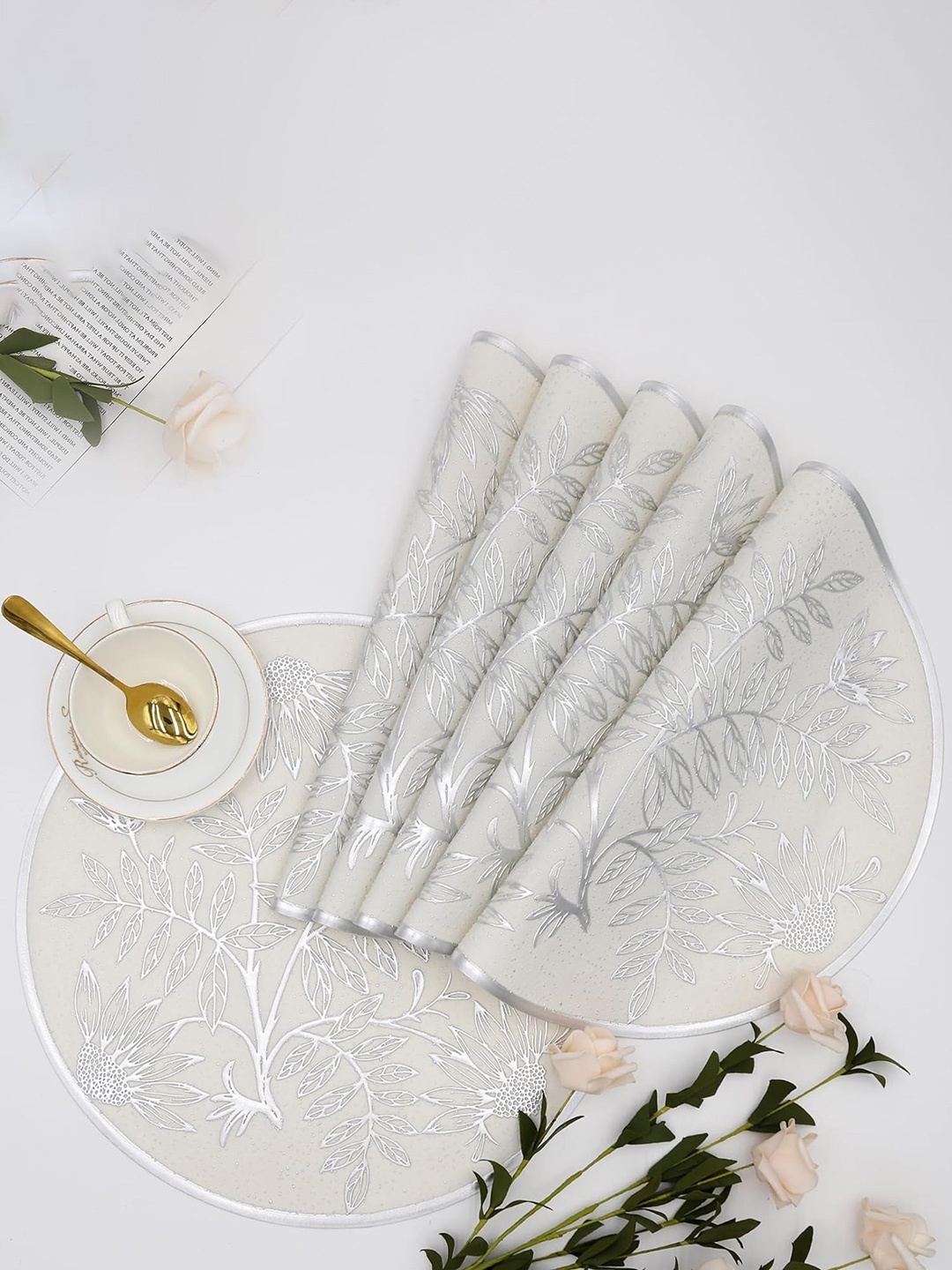 Dakshya Industries Silver Toned 6 Pieces Floral Design Rectangle Table Placemats, White
Dakshya Industries Silver Toned 6 Pieces Floral Design Rectangle Table Placemats, White