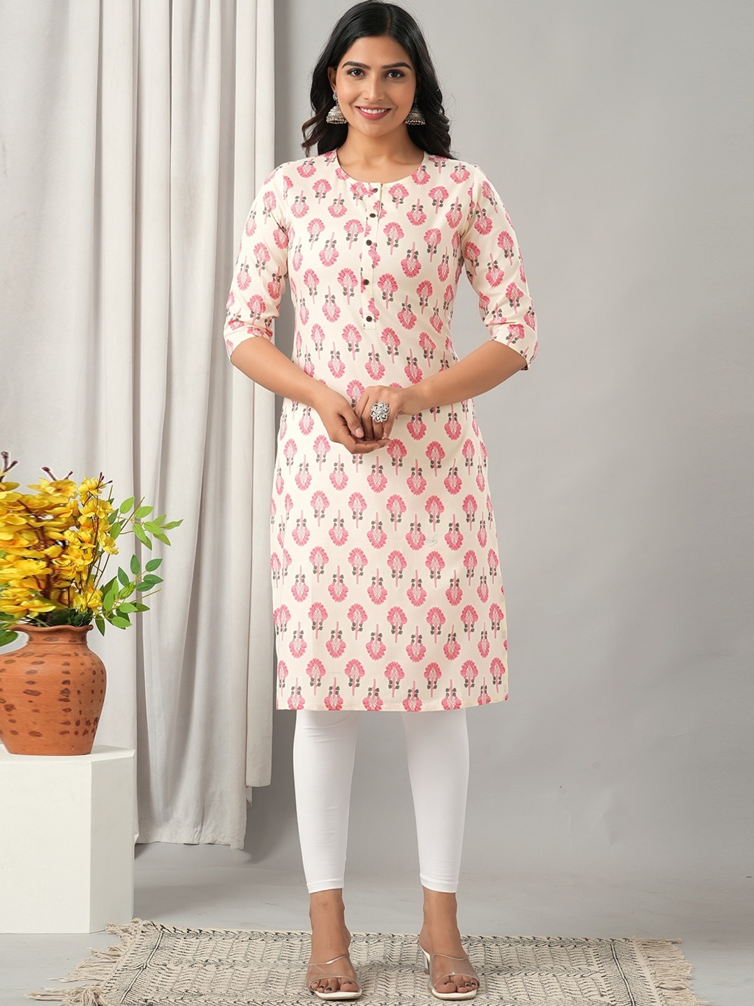 HERE&NOW Floral Printed Liva Kurta, Off white