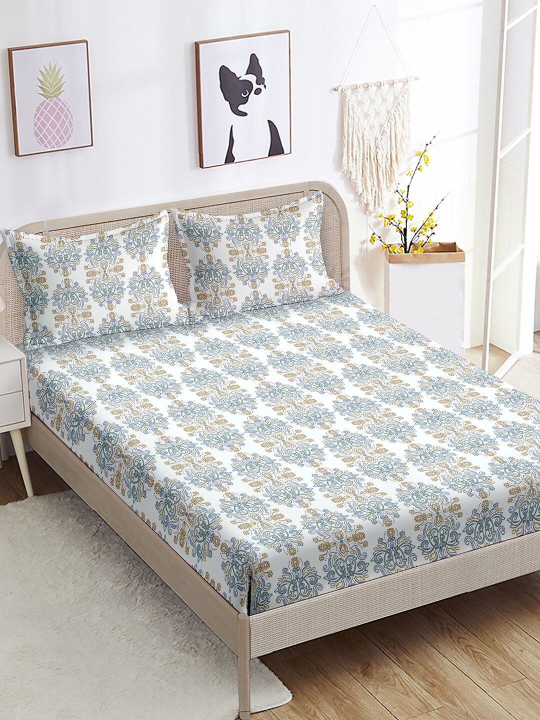 BELLA CASA Sunshine Blue & White Floral Cotton 220 TC King Bedsheet with 2 Pillow Covers
BELLA CASA Sunshine Blue & White Floral Cotton 220 TC King Bedsheet with 2 Pillow Covers
