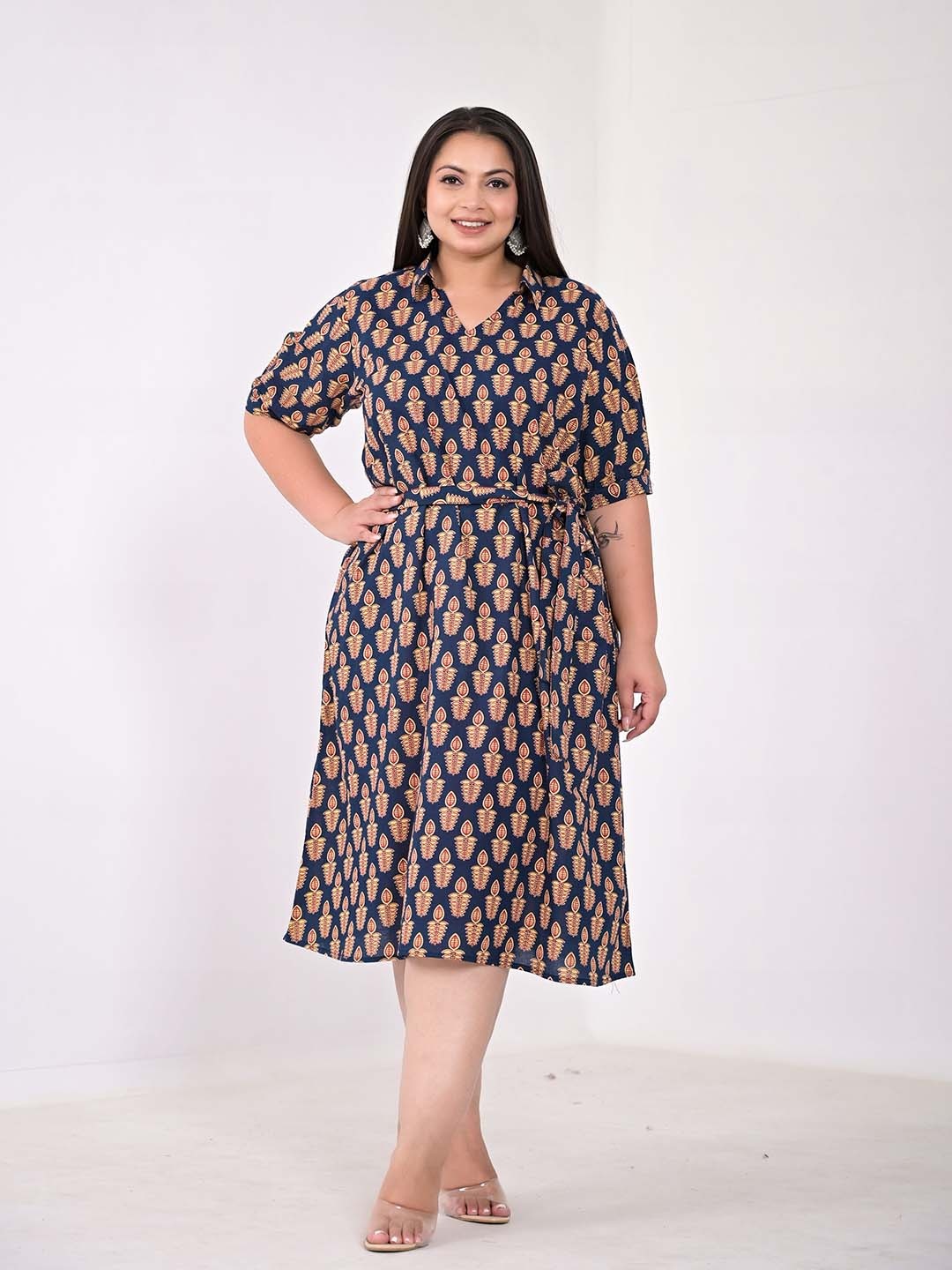 KALINI Plus Size Ethnic Motifs Printed Shirt Collar Empire Cotton Midi Dress, Navy blue
KALINI Plus Size Ethnic Motifs Printed Shirt Collar Empire Cotton Midi Dress, Navy blue