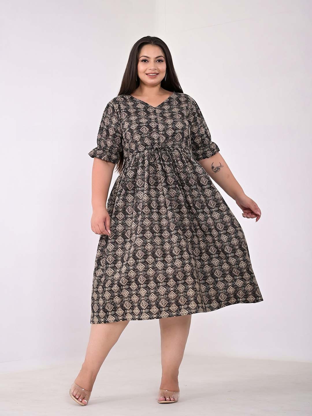 KALINI Plus Size Ethnic Motifs Printed Bell Sleeves Cotton Fit and Flare Dress, Brown
KALINI Plus Size Ethnic Motifs Printed Bell Sleeves Cotton Fit and Flare Dress, Brown