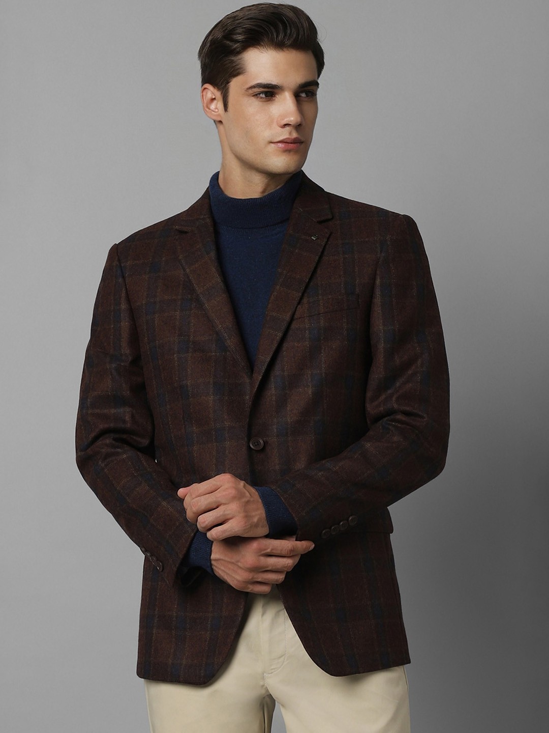 Louis Philippe Checked Notched Lapel Collar Pure Woollen Single Breasted Blazer, Brown
Louis Philippe Checked Notched Lapel Collar Pure Woollen Single Breasted Blazer, Brown