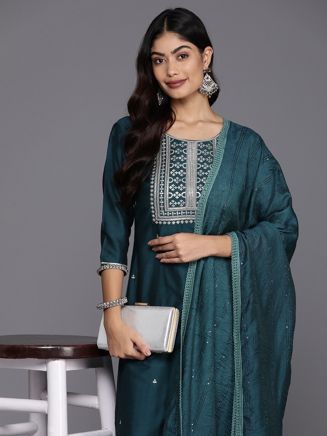 Libas Women Floral Yoke Design Regular Sequinned Kurta with Trousers With Dupatta, Blue
Libas Women Floral Yoke Design Regular Sequinned Kurta with Trousers With Dupatta, Blue