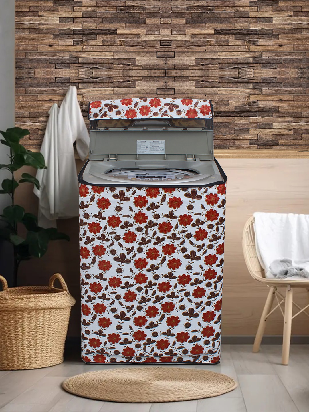 

DREAM CARE Grey & Red Printed Waterproof and Dustproof Washing Machine Cover Top Load