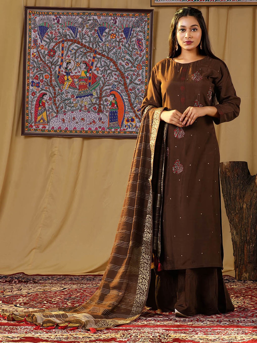 HALFSAREE STUDIO Ethnic Motifs Embroidered Sequined Kurta With Sharara & Dupatta Set, Brown
HALFSAREE STUDIO Ethnic Motifs Embroidered Sequined Kurta With Sharara & Dupatta Set, Brown