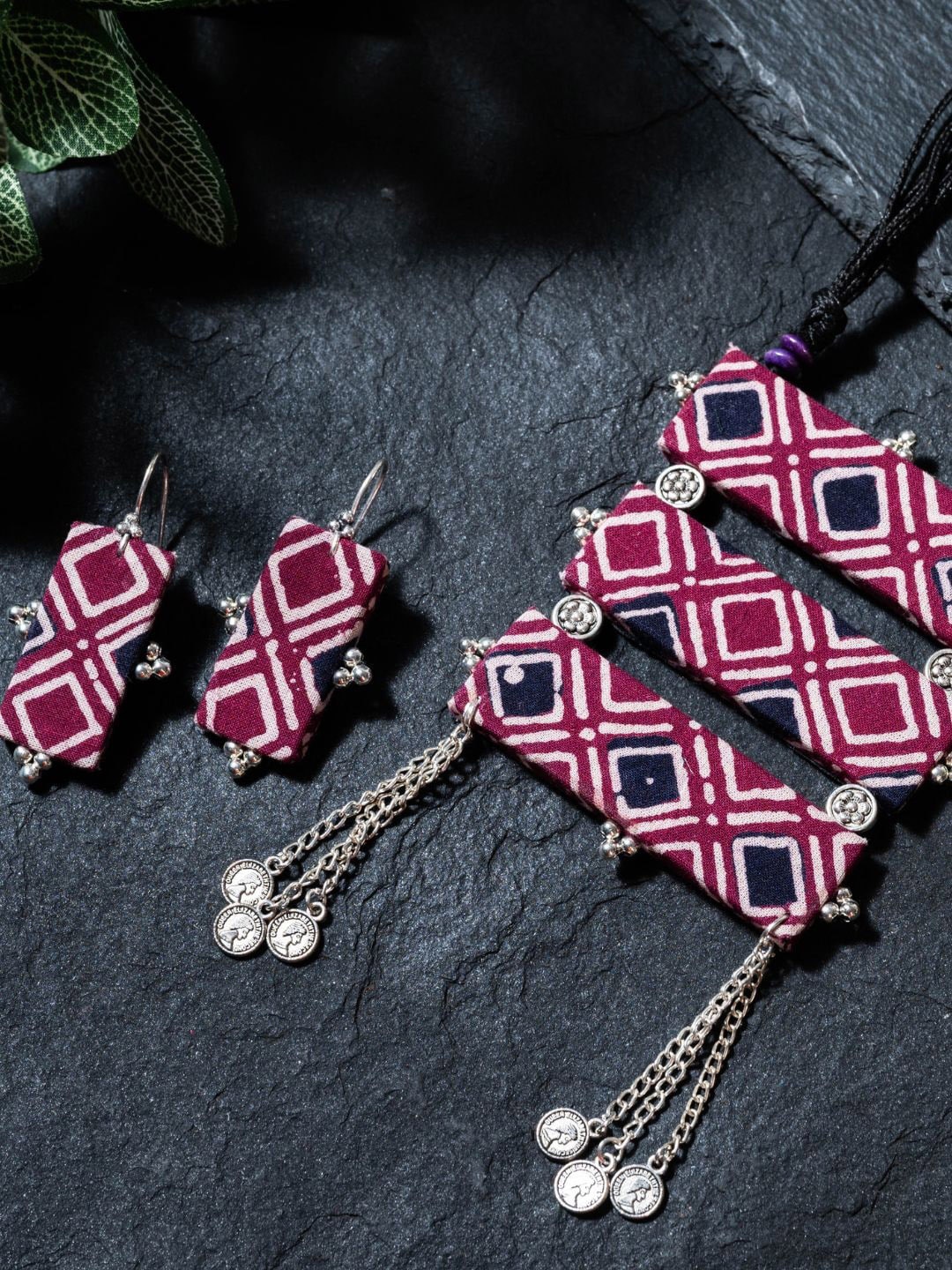 ArtEastri German Silver Block Printed Jewellery Set, Purple
