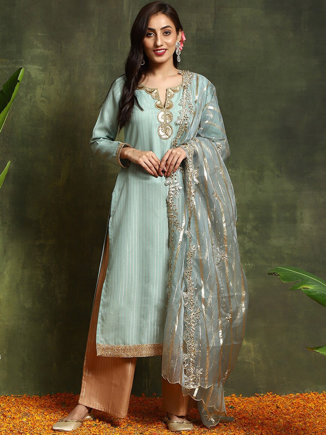 AKS Couture Striped Sequinned Detailed Straight Kurta & Palazzos With Dupatta, Green
AKS Couture Striped Sequinned Detailed Straight Kurta & Palazzos With Dupatta, Green