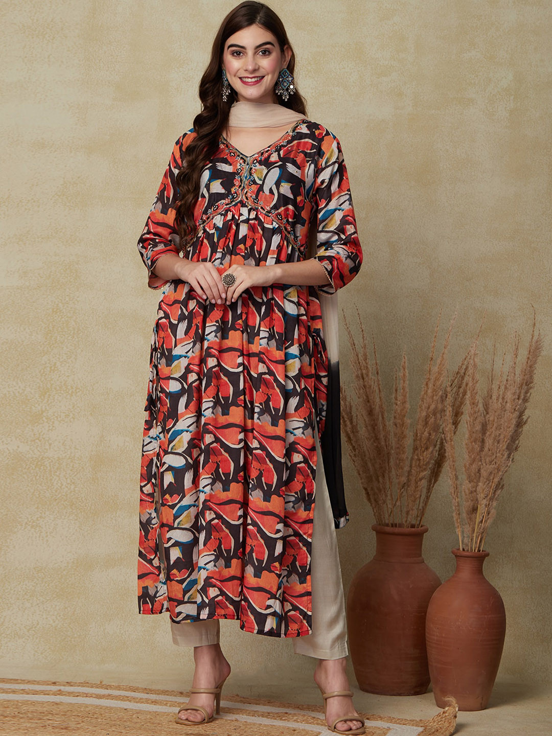 FASHOR Floral Printed Beads and Stones Silk Chiffon A-Line Kurta with Trouser & Dupatta, Red
FASHOR Floral Printed Beads and Stones Silk Chiffon A-Line Kurta with Trouser & Dupatta, Red