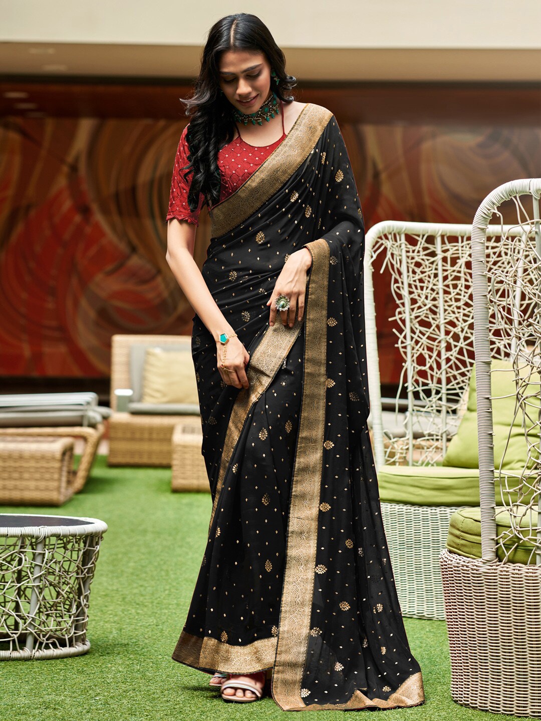 Anouk Black & Gold-Toned Ethnic Motifs Woven Design Embroidered Pure Georgette Saree
Anouk Black & Gold-Toned Ethnic Motifs Woven Design Embroidered Pure Georgette Saree