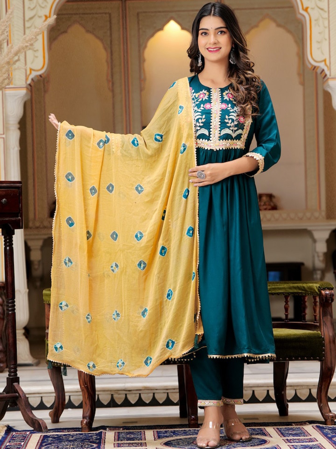 Hatheli Ethnic Motifs Yoke Design Thread Work Pleated A-Line Kurta With Trousers & Dupatta, Green
Hatheli Ethnic Motifs Yoke Design Thread Work Pleated A-Line Kurta With Trousers & Dupatta, Green