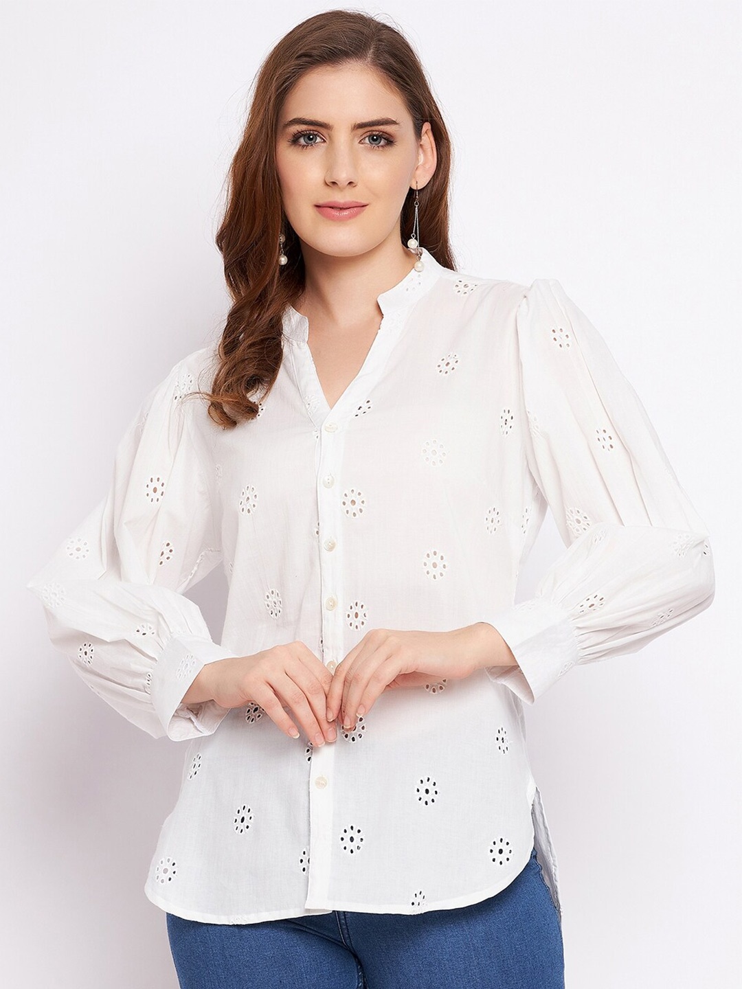 BAESD Self Design Mandarin Collar Cuffed Sleeves Schiffli Cotton Shirt Style Top, White
BAESD Self Design Mandarin Collar Cuffed Sleeves Schiffli Cotton Shirt Style Top, White