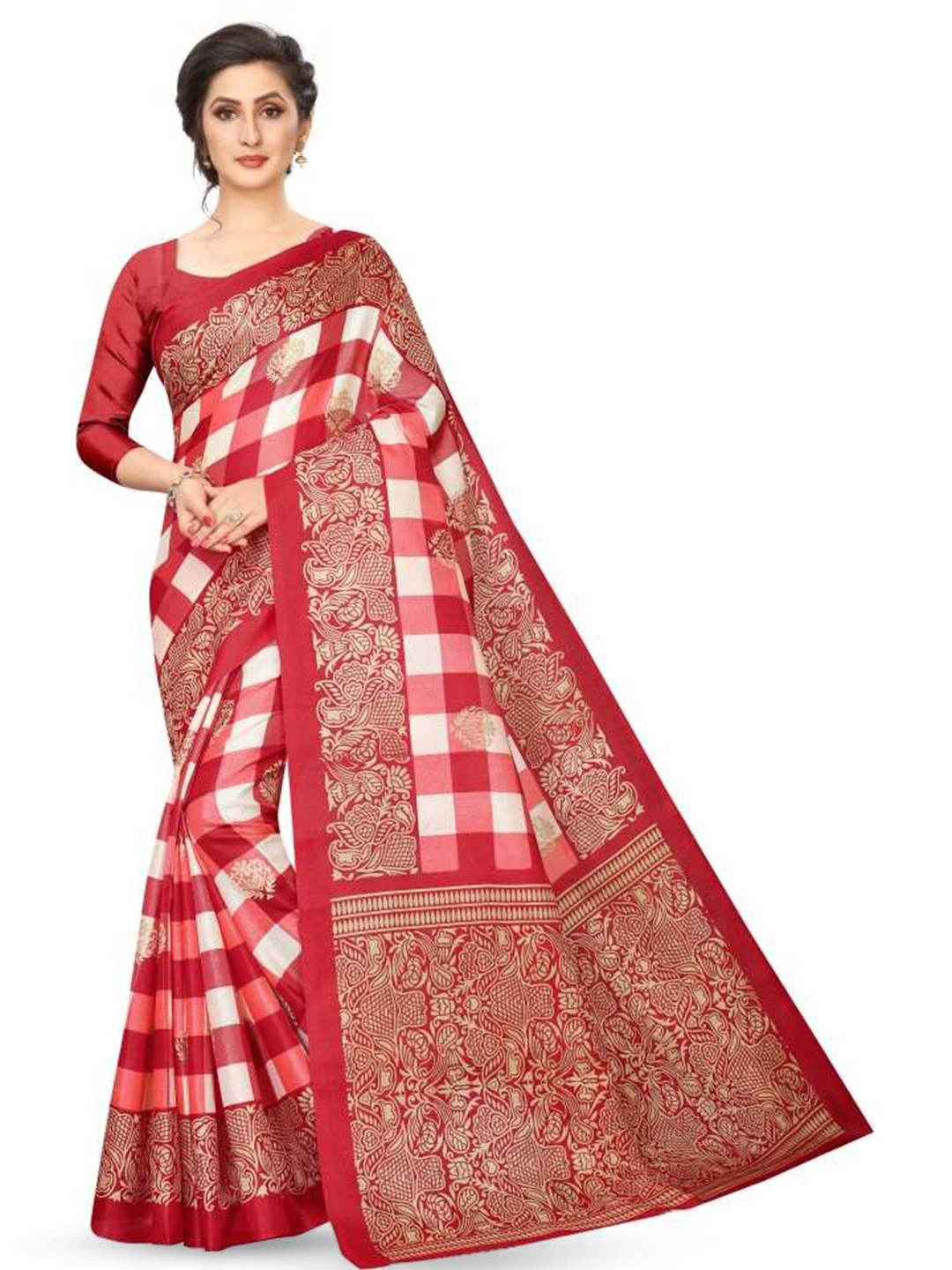 Mitera Red & White Checked Saree