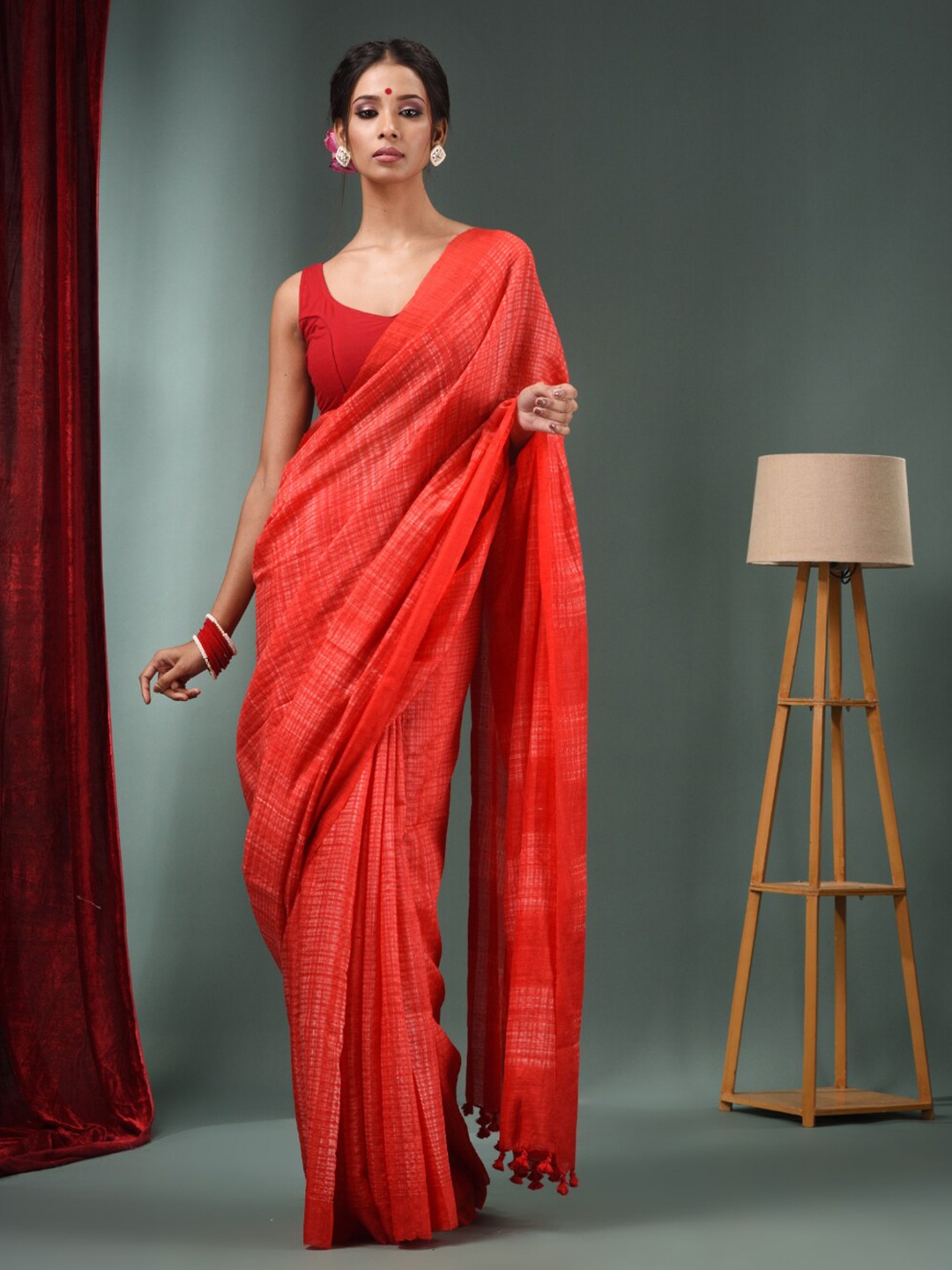 Charukriti Checked Pure Silk Saree, Red