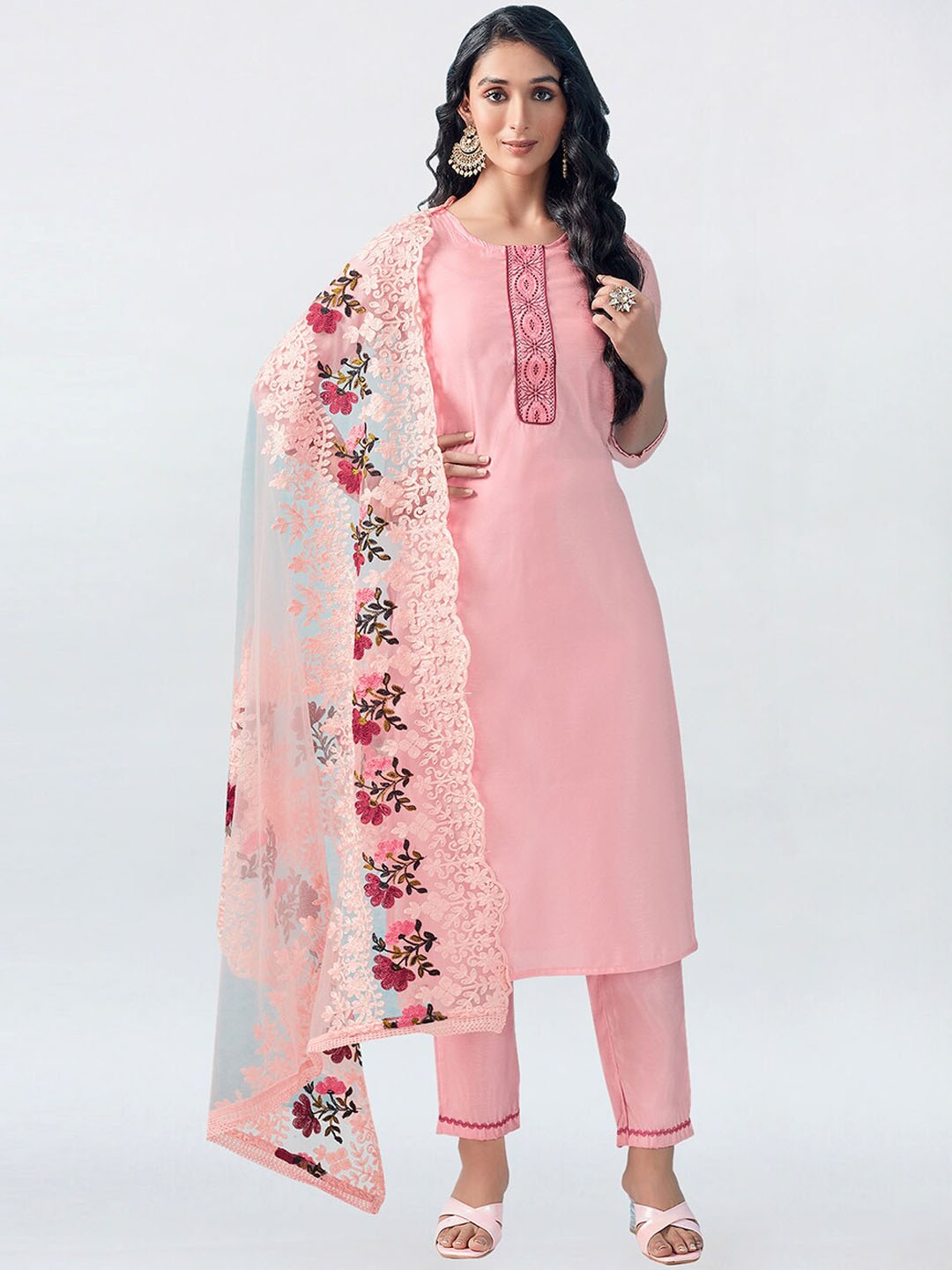 KALINI Floral Yoke Design Regular Thread Work Tussar Silk Kurta With Trousers & Dupatta, Peach
KALINI Floral Yoke Design Regular Thread Work Tussar Silk Kurta With Trousers & Dupatta, Peach